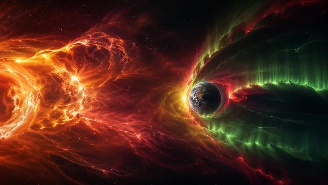 Artwork of Earth's magnetic field glowing green as a solar storm arrives