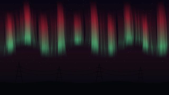 Artwork of red and green aurora over a line of power pylons