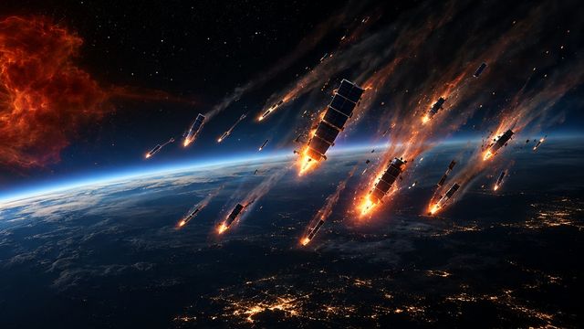 Artwork of satellites burning up as they fall into the atmosphere