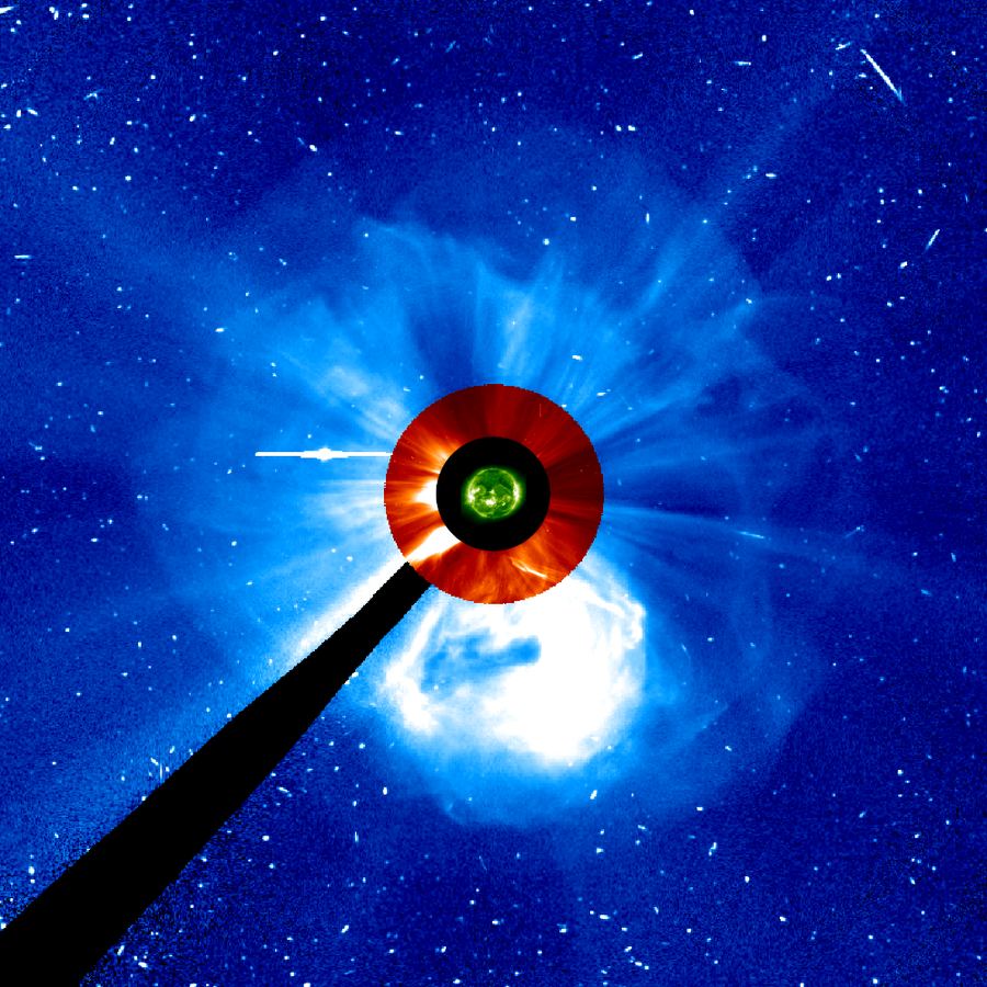Coronagraph image from October 28, 2003 showing a halo CME as a bright ring all the way around the Sun, the picture speckled with white dots