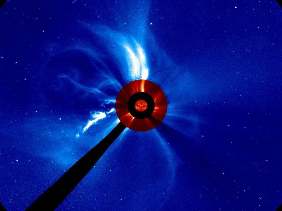 Wide coronagraph view of the August 31, 2012 CME as a large pale loop spreading to the left of the Sun