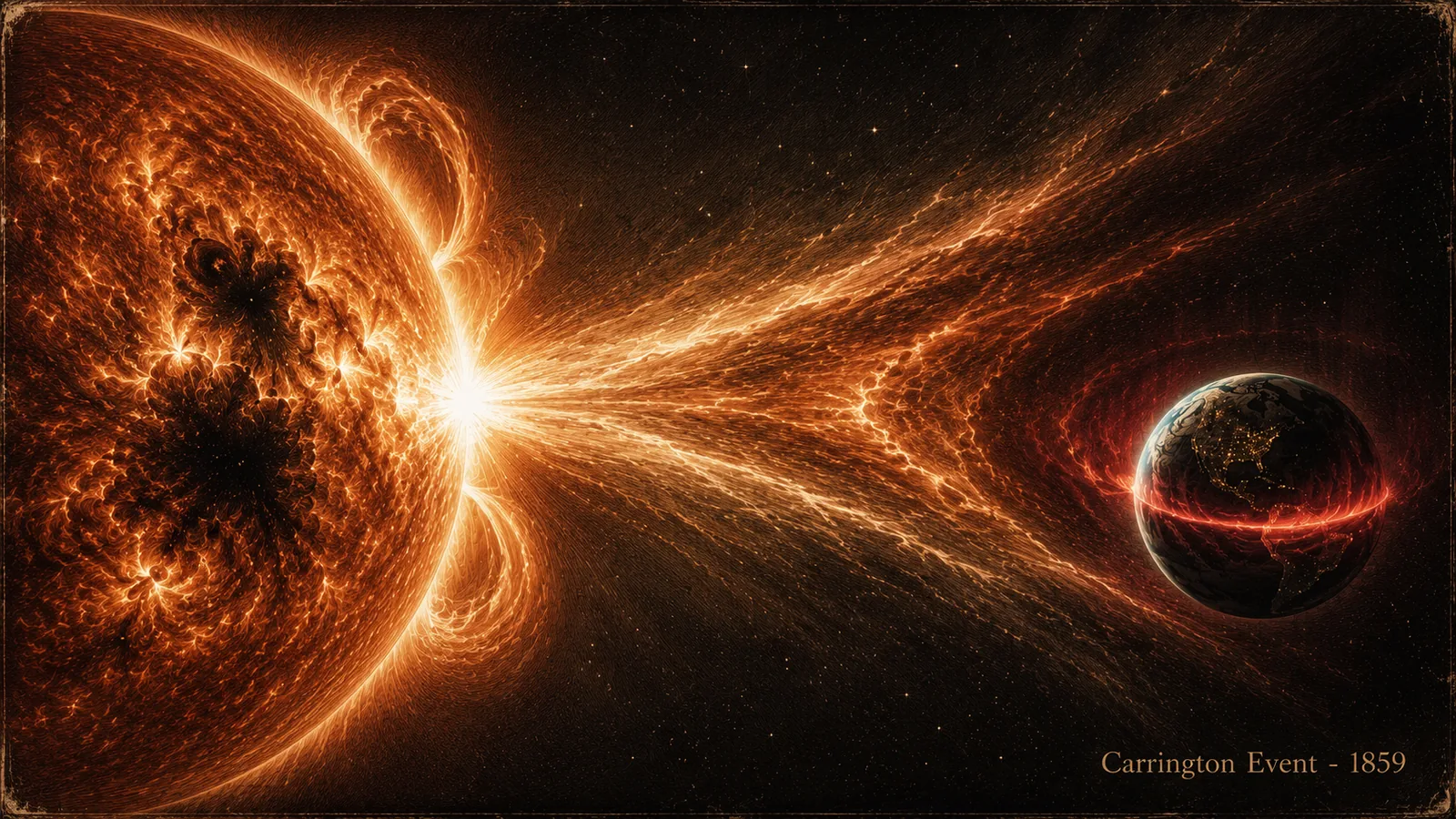 Cinematic illustration: an exceptionally bright solar flare and a fast CME race toward Earth, whose night side glows red — the 1859 Carrington Event.
