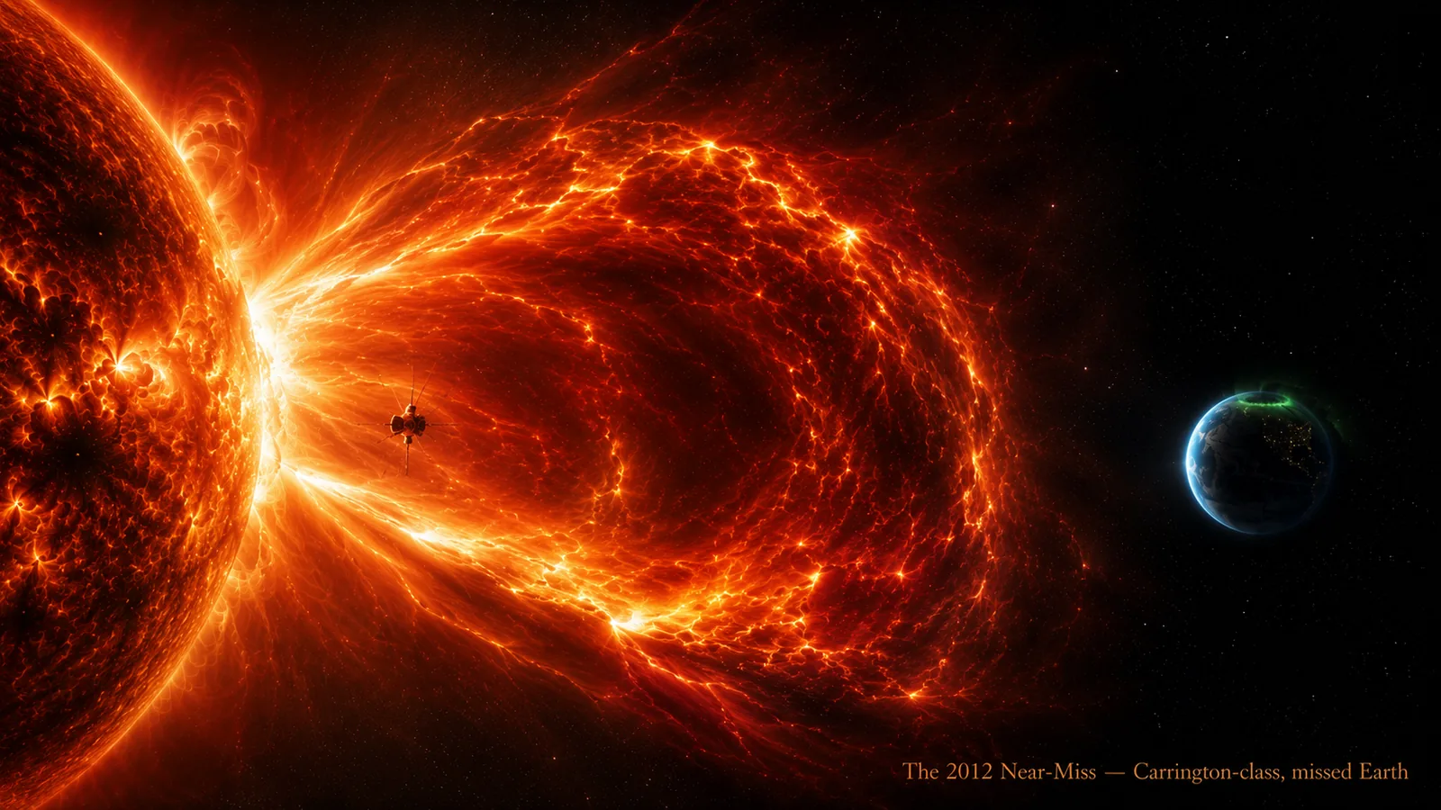 Cinematic illustration: an extremely fast CME sweeps across space and misses Earth, which sits calm and offset to the side while a spacecraft lies in the CME's path — the 2012 near-miss.