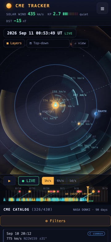 The tracker on a phone: readouts at the top, the map filling the screen, the timeline strip below it, then the CME catalog