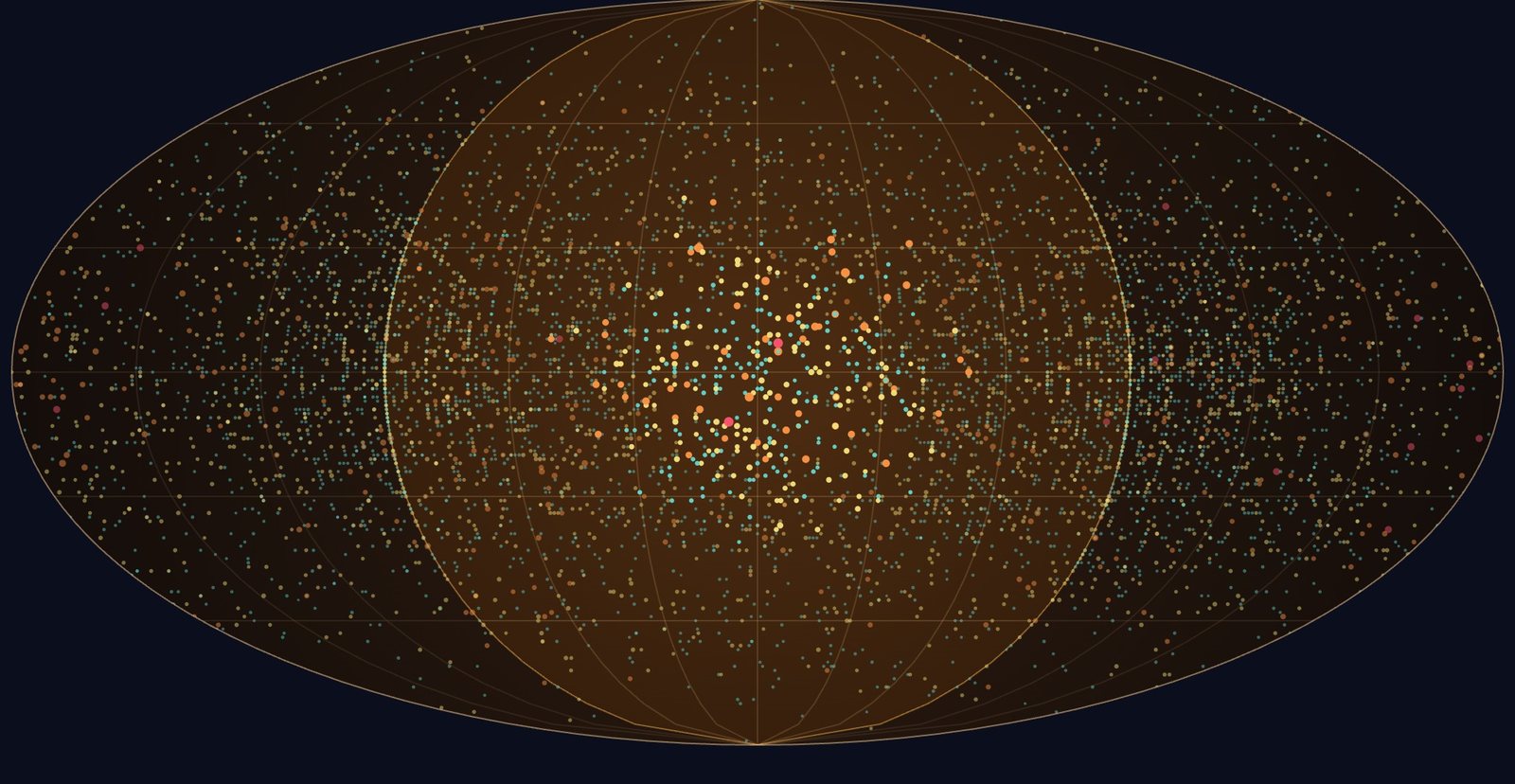The Sun unrolled into an ellipse with one dot for each of ten years of coronal mass ejections at the point it launched from, the Earth-facing half lit in the middle
