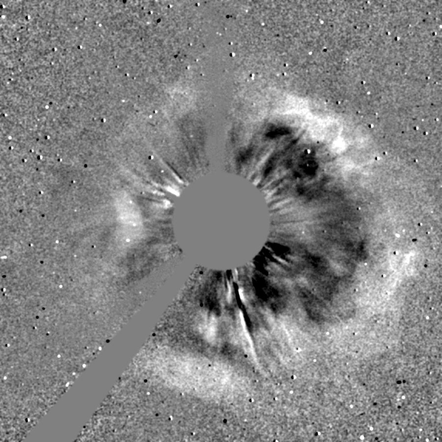 Difference image from the SOHO coronagraph on May 9, 2024: a pale ring of new material surrounding the hidden Sun on every side