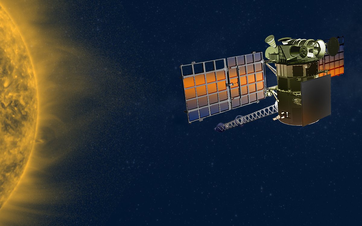 Rendering of the DSCOVR spacecraft in space with the Sun in the background