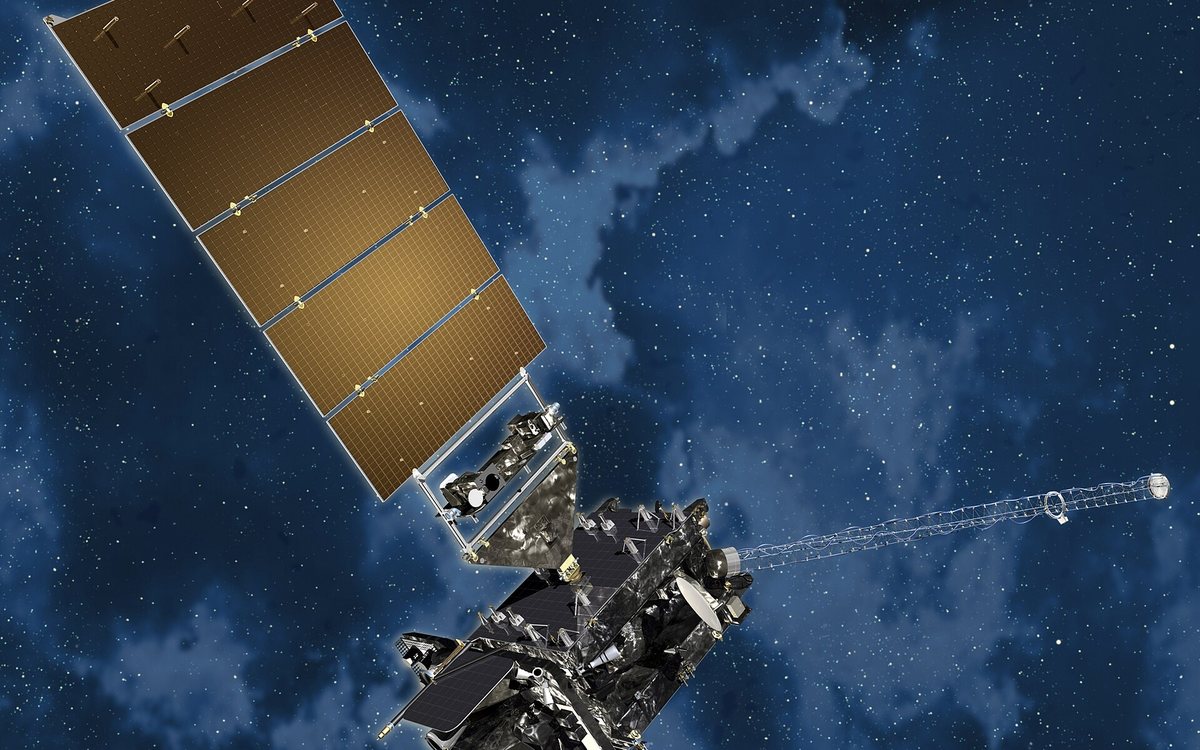 Rendering of a GOES-R series weather satellite against the night sky
