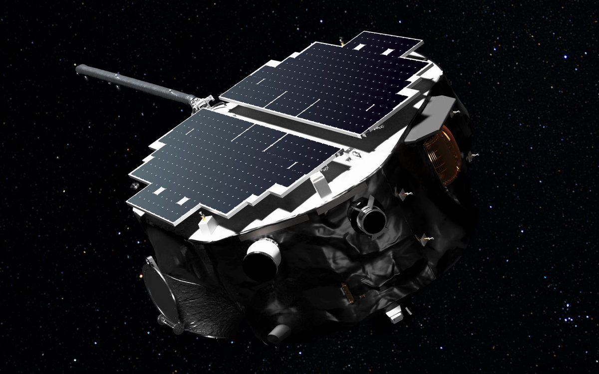 Rendering of NASA's IMAP spacecraft, a flat drum covered in solar cells with a long magnetometer boom