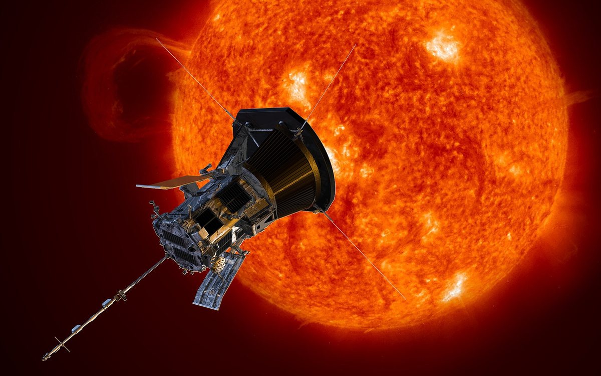 Artist's rendering of Parker Solar Probe close to the Sun, heat shield forward