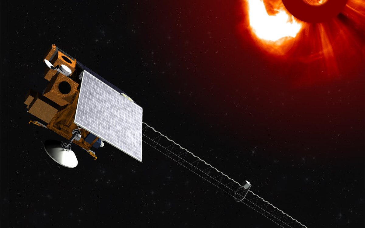 Rendering of NOAA's SOLAR-1 (SWFO-L1) spacecraft with its magnetometer boom extended and an erupting Sun behind
