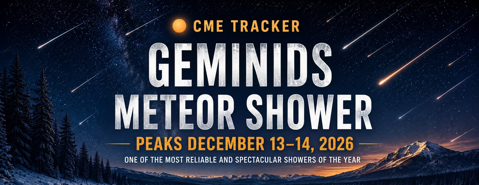 The Geminid meteor shower over snowy mountains — bright meteors streaking through a starry winter sky. Peaks December 13–14, 2026.