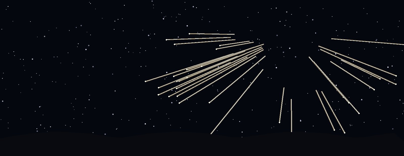 A dense volley of Leonid meteors radiating from high in the sky, streaking over a dark ridgeline.
