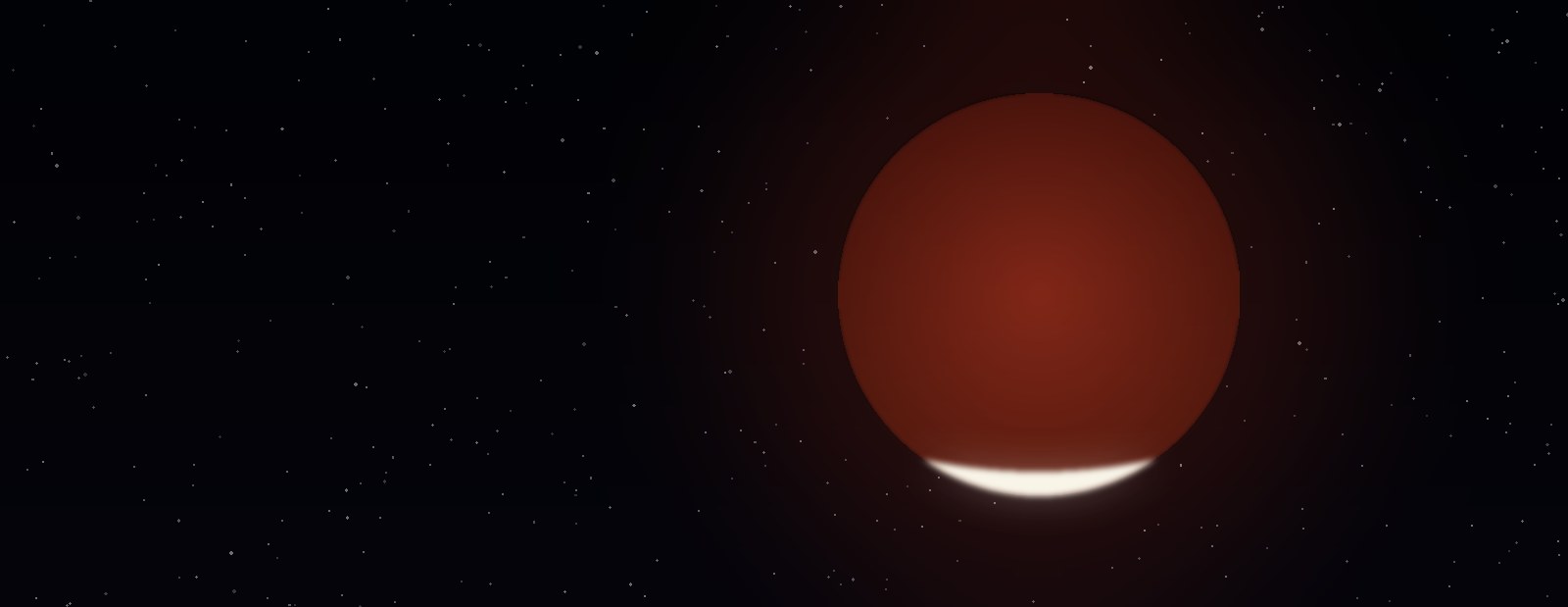 The deeply eclipsed Moon at maximum on August 27–28, 2026 — the disk glowing dull red inside Earth's shadow, with a thin brilliant sliver of sunlight remaining along its southern edge.