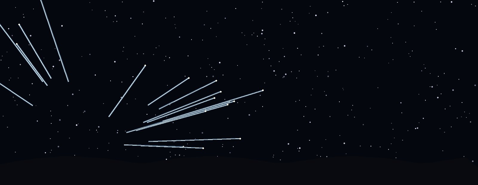 Orionid meteors radiating from low in the sky near Orion, streaking over a dark ridgeline.