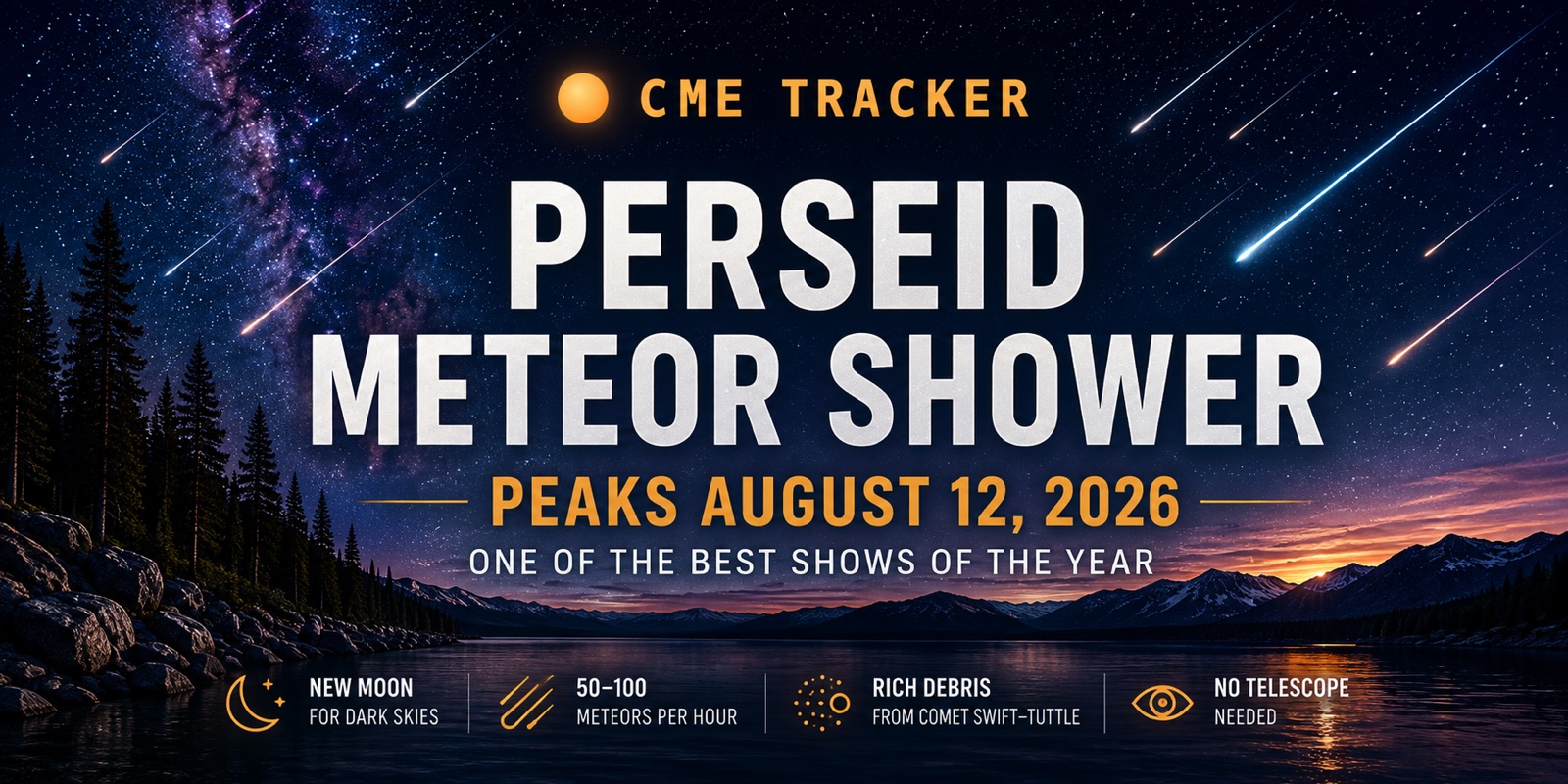 The Perseid meteor shower over a dark mountain lake — shooting stars streaking across a starry sky. Peaks August 12, 2026.