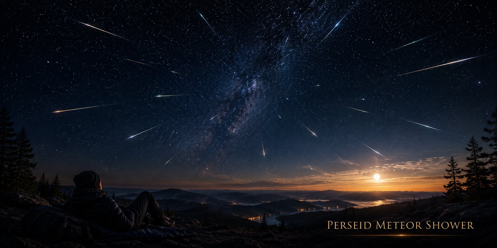 A skywatcher lying back on a mountainside as Perseid meteors fan out from their radiant across the Milky Way, with the Moon setting over distant lakes.