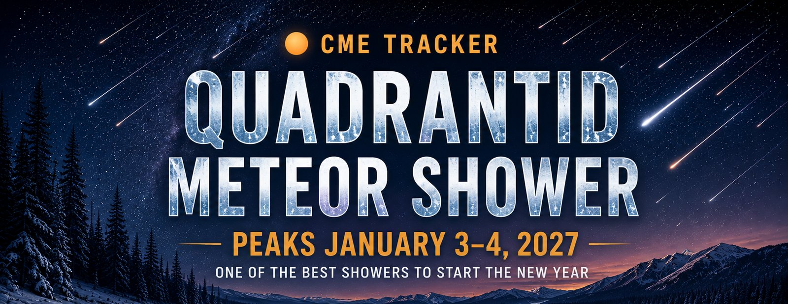 The Quadrantid meteor shower over a frozen mountain lake — meteors streaking through a starry winter sky. Peaks January 3–4, 2027.