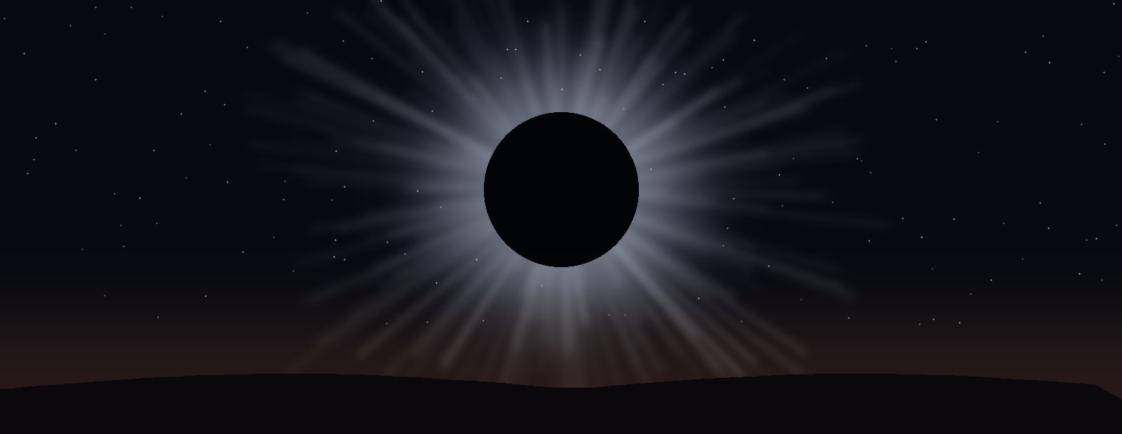 Totality: the black disk of the Moon surrounded by the Sun's streaming white corona, over a darkened desert horizon.